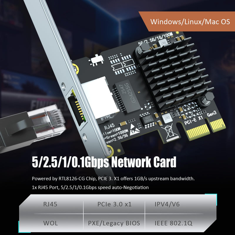 GLOTRENDS LE8126P 5Gb PCIe Network Card for Desktop PC/Server, RJ45 Port, WOL, PXE Legacy BIOS and UEFI