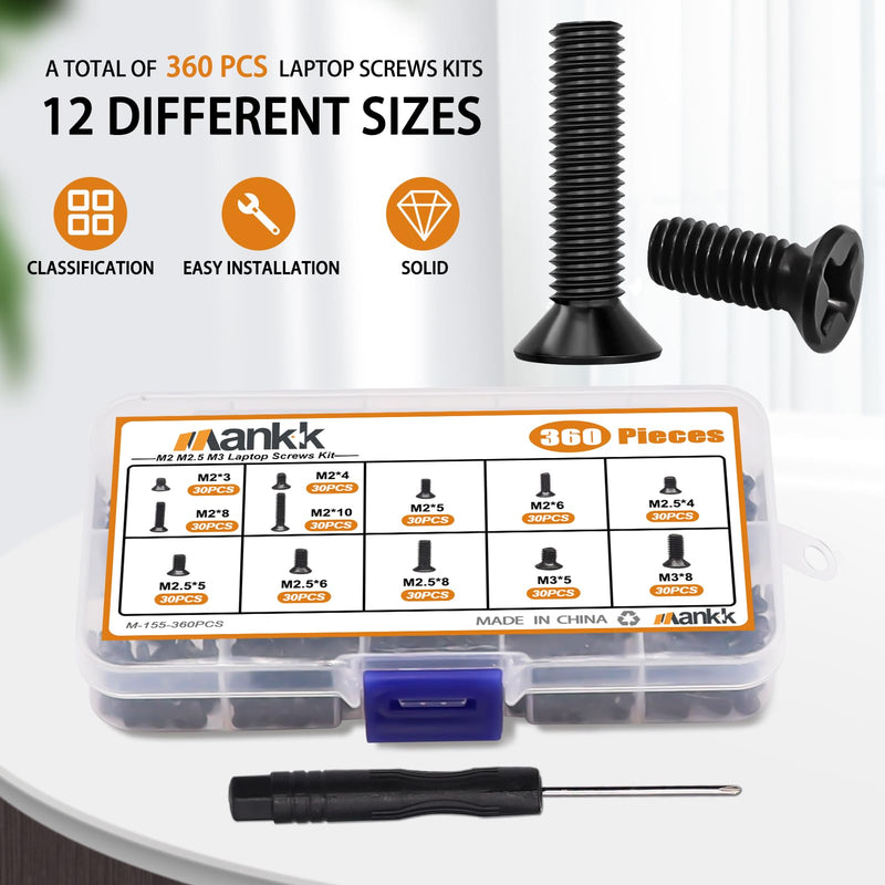 mankk 360PCS Laptop Screws 12 Sizes M2 M2.5 M3 Replacement Computer Tiny Screws Motherboard Screw with Screwdriver for Laptop PC Repair & DIY 360PCS-12 Size