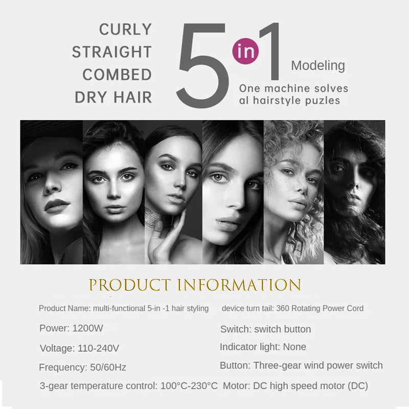 Sadodo 5-in-1 Hot Air Styler Brush for Women, 1200W Blow Hair Dryer Comb | Multifunctional Styling Tool for Home & Travel,For All Hairs Length - Quick Drying, Curling, Straightening, Gift for Woman Black-purple