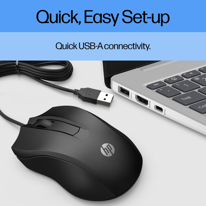 HP Wired Mouse 100 - Precise Optical Sensor with 1600 DPI - Easy USB Connection - Ambidextrous Design - 3 Button Control & Built-in Scrolling - Multi-OS Compatible (6VY96AA#ABL) New