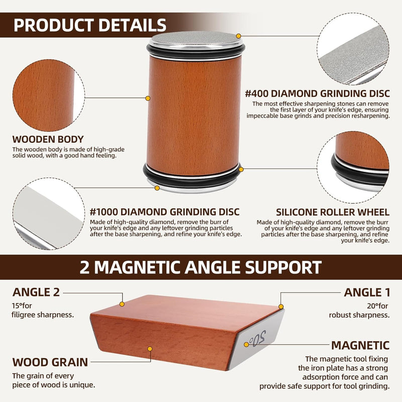 Rolling Knife Sharpener Kit with Diamond Discs – Professional Wooden Roller Knife Sharpener with 15° & 20° Magnetic Angle, Safe & Easy Knife Sharpening Tool for Kitchen Knives (Brown)
