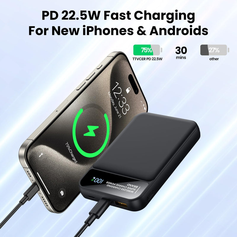 Magnetic Power Bank 12000mAh,3-in-1 Wireless Portable Charger,22.5W PD Fast Charging with LCD Display,Magsafe Battery Pack Compatible with All iPhone 15/14/13/12/iWatch/Airpods/Galaxy Phones Series Black