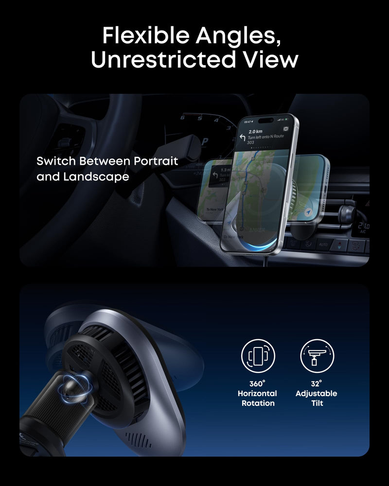 Anker Prime Qi2 25W MagSafe Compatible Wireless Car Charger Mount | AirCool Phone Holder with Vent Clip and Fast Power, for iPhone 17 - 12 Series, and More (Adapter Included) 25 Watts