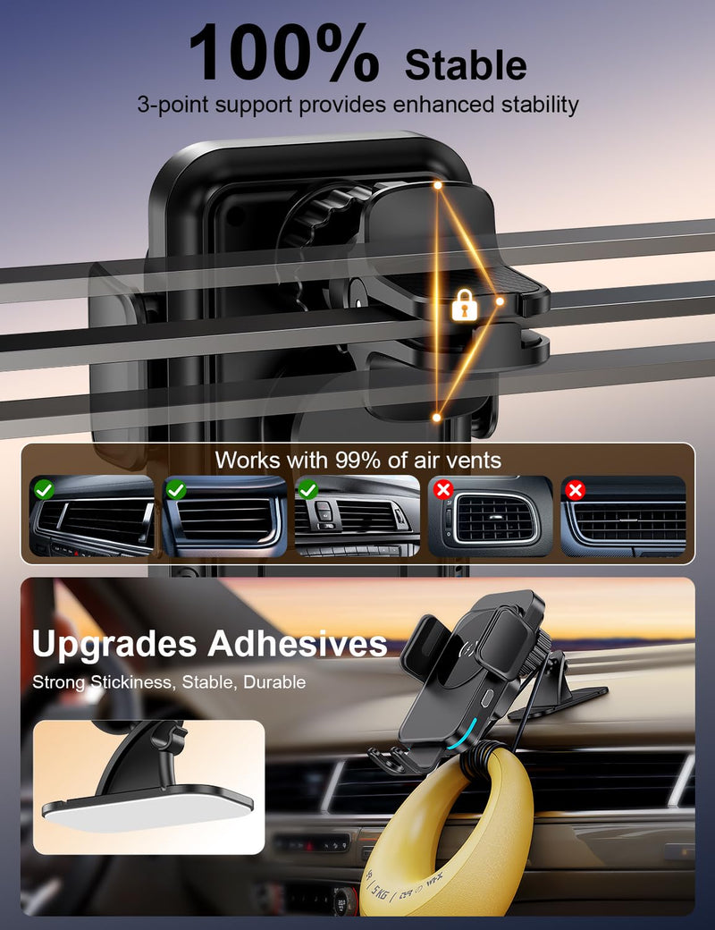 Wireless Car Charger, 15W Car Phone Holder Charger for iPhone 17 16 Series | Auto Clamping & Alignment, 360° Rotation Hand Free Phone Holders for Your Car Dashboard Windshield Air Vent Car Accessories Black