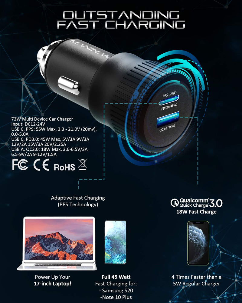 MANINAM All-Metal 73W Super Fast USB-C Car Charger M113 – PPS PD 3.0 Dual-Port Fast Charger 55W+18W for Samsung S24 S23 S22 Note 10 Plus iPhone 15 14 MacBook Laptop – No Cable, US Brand Warranty