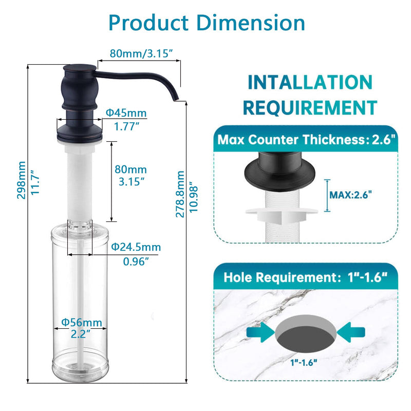 Brass Kitchen Soap Dispenser, Oil Rubbed Bronze in Sink Liquid Dish Soap Dispenser with High Capacity 500ML （17oz） ABS Bottle, Under Sink Hand Metal Dispenser Pump Without Hose