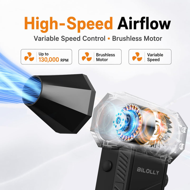 BiLOLLY Compressed Air Duster, 130,000 RPM Electric Air Duster Blower, Rechargeable Turbo Fan with Stepless Speed Control, Portable Mini Jet Blower for Computer, Keyboard, Car, Home and Outdoor Black