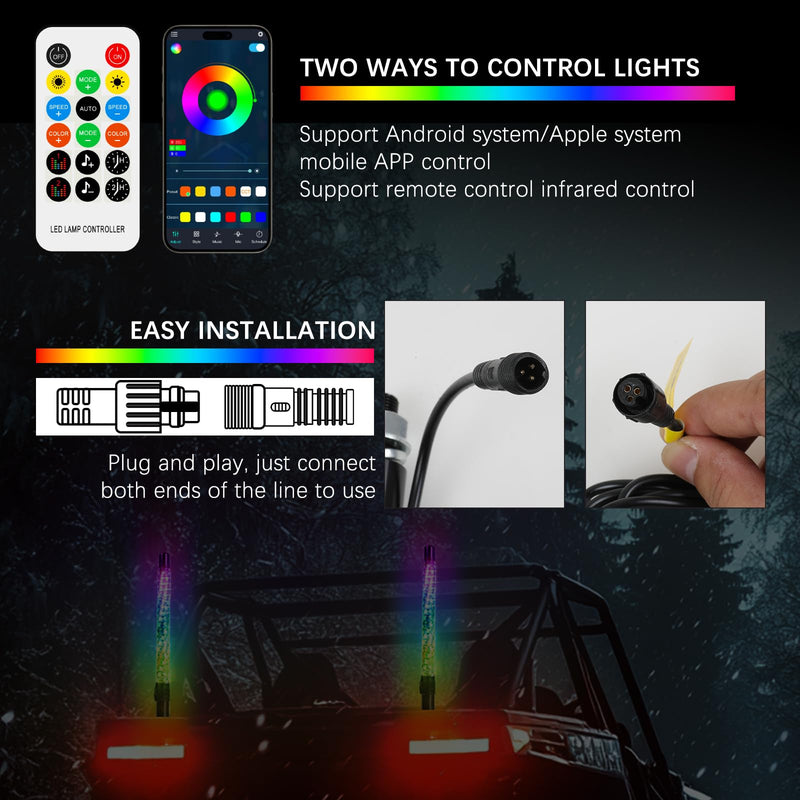 Whip Lights, 2Pcs 1FT RGB LED Whip Lights for Side by Side with Wireless Remote and APP Control, RGB Chasing Lighted Antenna Whips for UTV ATV Truck Polaris Dune Buggy RZR Can-Am
