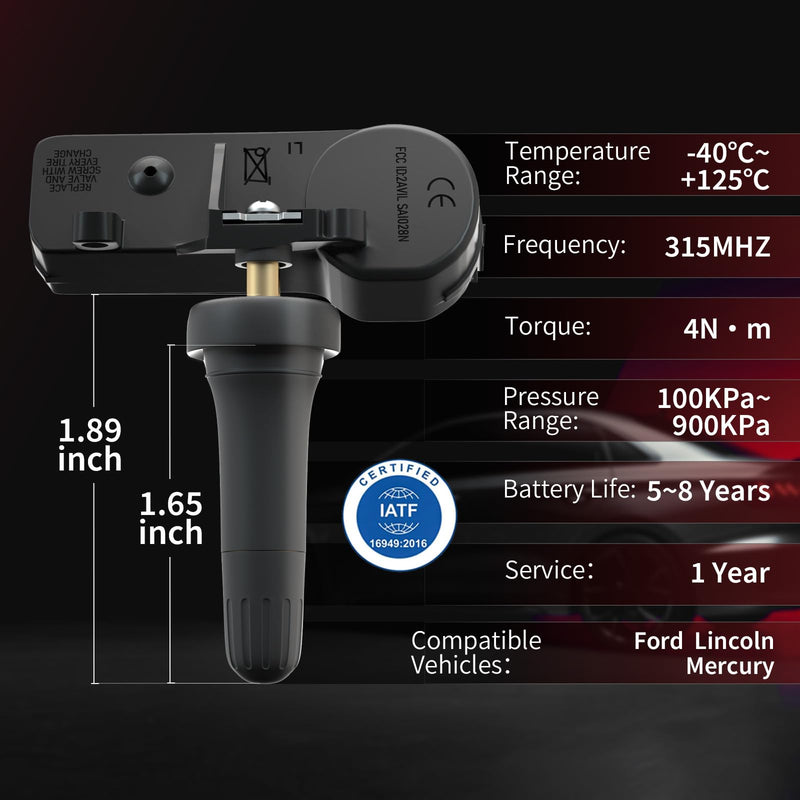Marsflex TPMS Sensor Fit for Ford Lincoln Mercury, F150 F250/F350 Super Duty Escape Focus Explorer, Tire Pressure Monitoring System OE: DE8T-1A-180-A 9L3Z-1A189-A 315MHZ 4PCS