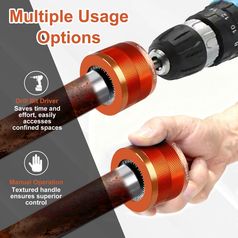 1"&1/2" & 3/4" Metal Copper Pipe Cleaner Set with 1/4 Hex Shank, Replaceable Brush, Each Set Additional 3Pcs Replaceable Blades for Cleaning Rust, Stains, Paint on Copper Pipes and Various Metal Pipes 1"&1/2" & 3/4"