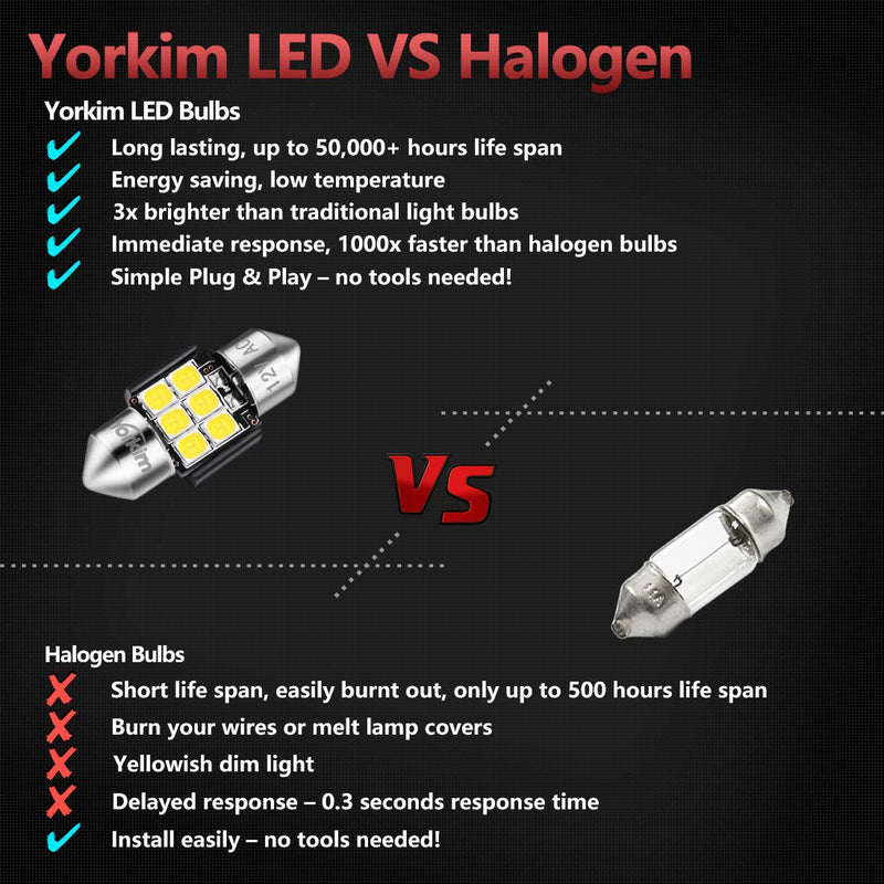 Yorkim 28mm De3175 LED Bulb White Super Bright Festoon 28mm 29mm bulb Error Free CANBUS 6-SMD 2835 Chipsets For Interior Lights, DE3022 3175 3022 LED Bulb - Pack of 2