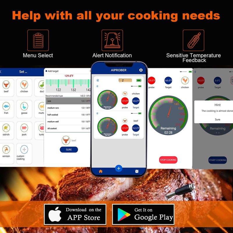 Wireless Meat Thermometer for Grilling and Smoking, 800FT Bluetooth Thermometer with Dual-Sensor Probe, Food Thermometer for BBQ, Oven, Smoker