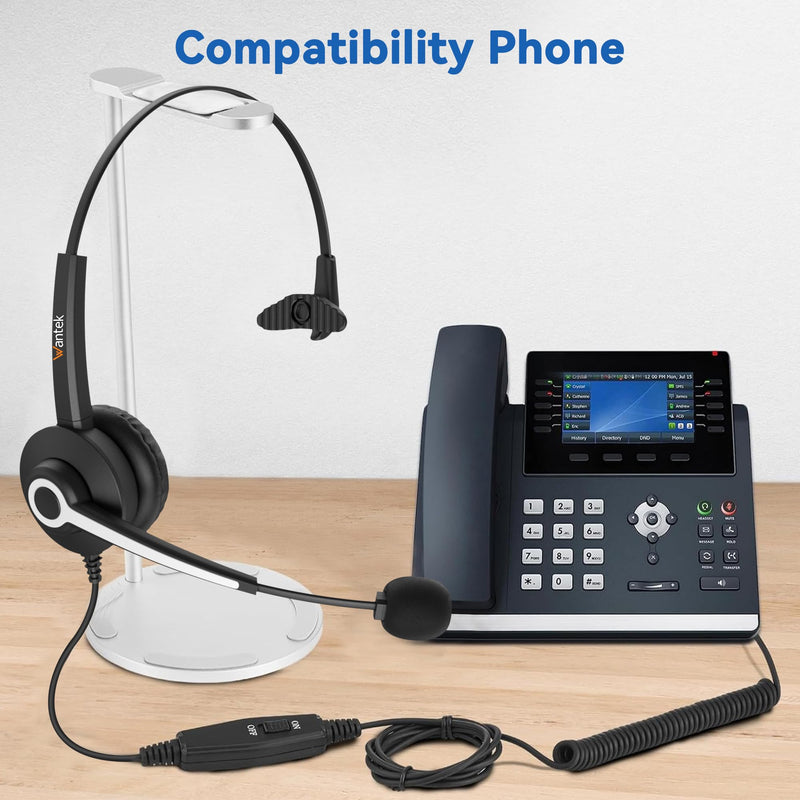 Wantek Monaural RJ9 Call Center Headset with Noise Cancelling Mic, Corded Office Headset with Mute for Avaya Phones Dark
