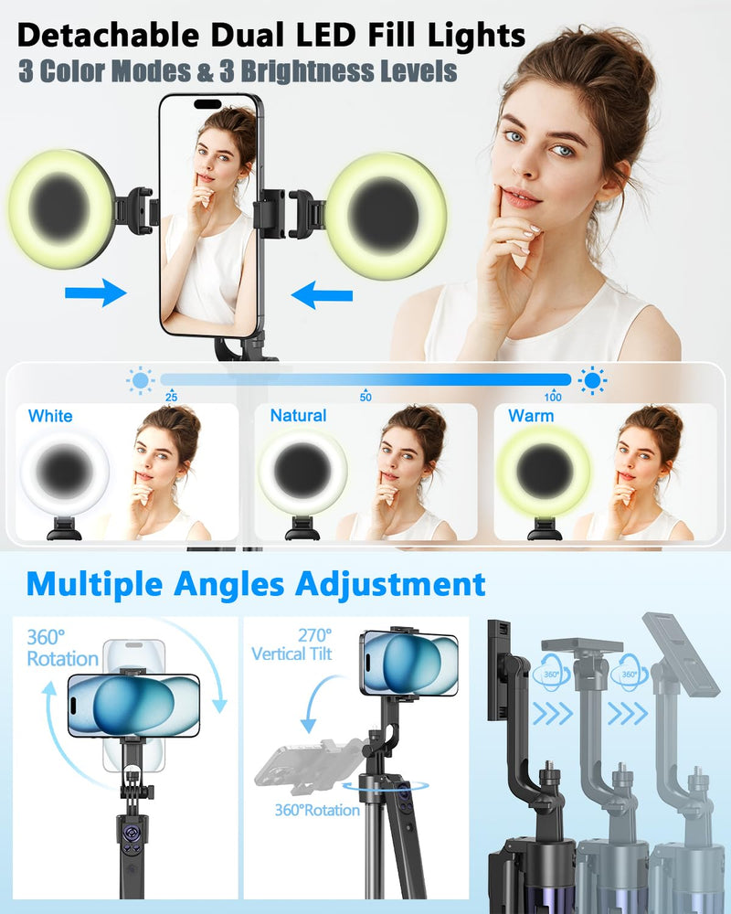 Vlogging Kit for iPhone/Android, 63”Auto Face Tracking Tripod for iPhone with Light, Wireless Microphones, Scrolling Remote Control for TikTok, Content Creator Kit for YouTube Starter Auto Face Tracking Tripod with Mic