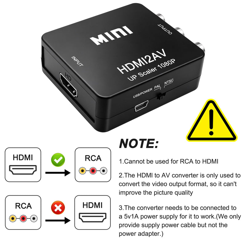 MEIRIYFA HDMI to RCA Converter Supports PAL/NTSC for PC Laptop TV Stick | 1080P Uni-Direction HDMI to AV HD Audio Video Converter (Black)