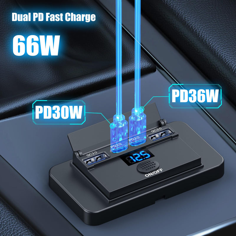 2 Pack 12V USB Outlet Surface Mount 4 Port with Voltmeter, Dual PD 36W and QC3.0 18W Car USB Port Lightweight Charger Socket Replacement Panel with Button Switch for Boat Bus Marine RV Truck Golf Cart 2 pack