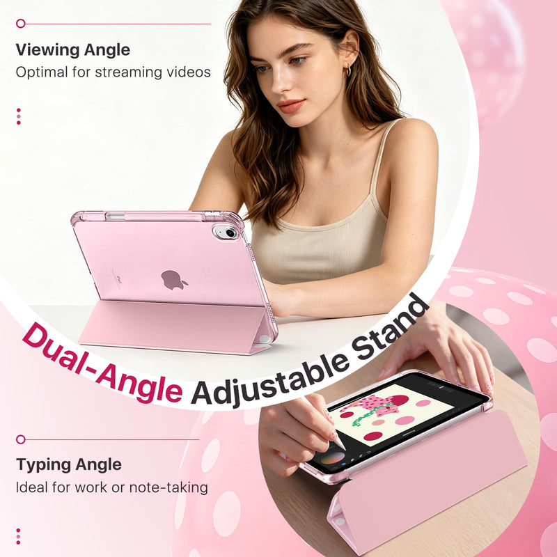 MoKo Cute Case for iPad A16 11th/10th Generation, Pink Polka Dot | For iPad 10.9/11-Inch Case with Pencil Holder 2025/2022, Trifold Cover with Hard PC Translucent Back Shell for Girls Women A-Polka Dot Pink