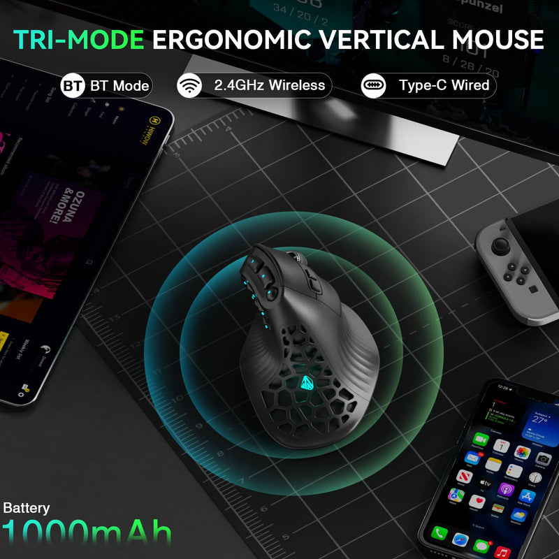 SOLAKAKA E9 PRO Ergonomic Vertical MMO Mouse with 10 Side Buttons,Black | 24800 DPI,45° Vertical Grip,Tri-Mode 2.4G/BT/USB-C,RGB,Web Driver,Programmable Macros for PC/Mac black