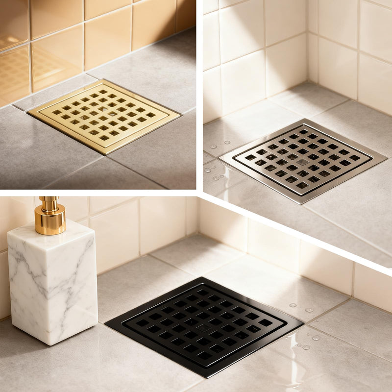 4" Square Shower Floor Drain with Flange,Quadrato Pattern Grate Removable,Food-Grade SUS 304 Stainless Steel,Watermark&CUPC Certified,Brushed (Brushed Nickel, 4 Inch) Brushed Nickel