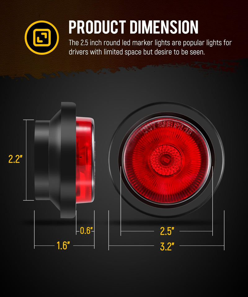Partsam 5Pcs 2.5 inch Round Red 13LED Trailer Trucks Side Marker Clearance Lights with Reflectors, IP67 Waterproof, Includes Pigtails and Rubber Grommets