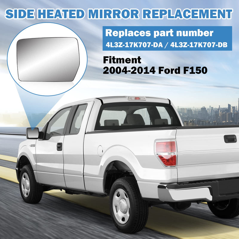 Driver Left Side Heated Mirror Glass Compatible with 2004-2014 Ford F150 - Exterior Side Rearview Convex Mirror w/backing Holder - Replace# 4L3Z-17K707-DB Driver Side (LH)