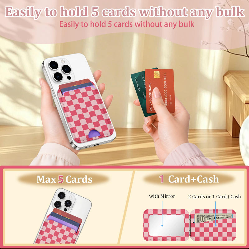 bolimoss Checkered for Magnetic Wallet with Makeup Mirror, Cute Leather Magnetic Card Holder for iPhone, Phone Wallet with 2 Card Slots & Adjustable Stand for iPhone 17/16/15/14/13/12 Series(Pink) Rose Red Checkerboard