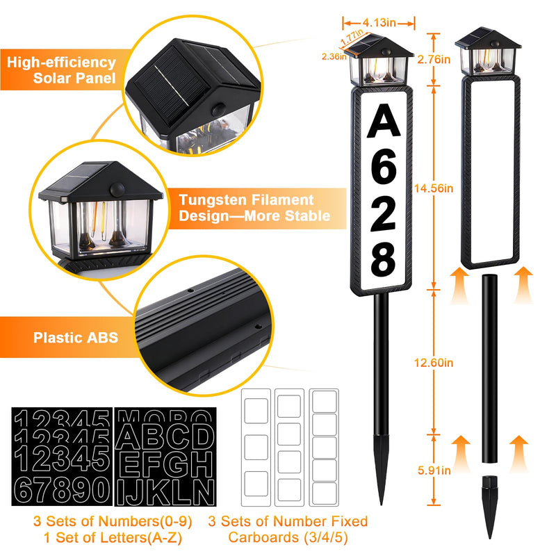Solar Address Sign, Lighted House Numbers for Outside with Dual Solar Panels, 3 Color LED Illuminated Address Plaque Outdoor with Stake, Waterproof Solar Powered Address Numbers for House Yard Street Black