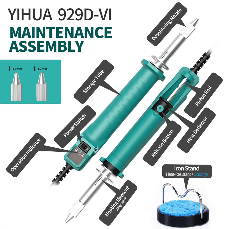 YIHUA 929D VI Temperature Controlled Electric Desoldering Iron with Upgraded Performance Heated Solder Sucker Tool with 3 Nozzles Soldering Iron Pump Function