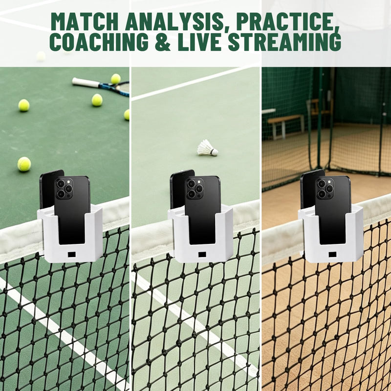 Tennis Net Phone Holder - Portable Camera Mount with Charging Port Cutout for Net & Fence - Dual Holders for Pickleball Badminton