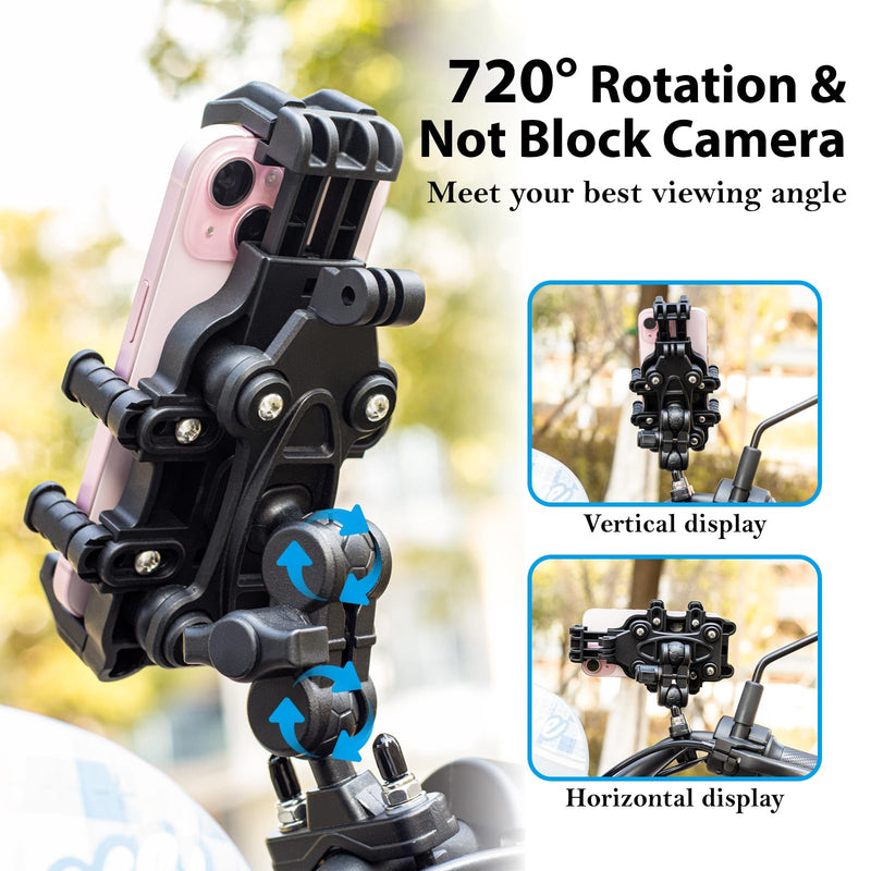 EMERK Motorcycle Phone Mount Holder - [Dual Vibration Dampener] [Anti-Shake Anti-Theft] Bike Phone Holder, Adjustable Handlebar Cellphone Cradle for Bicycle Road Scooter ATV Fit 4.7''-7.2'' Smartphone Heavy-duty Basic