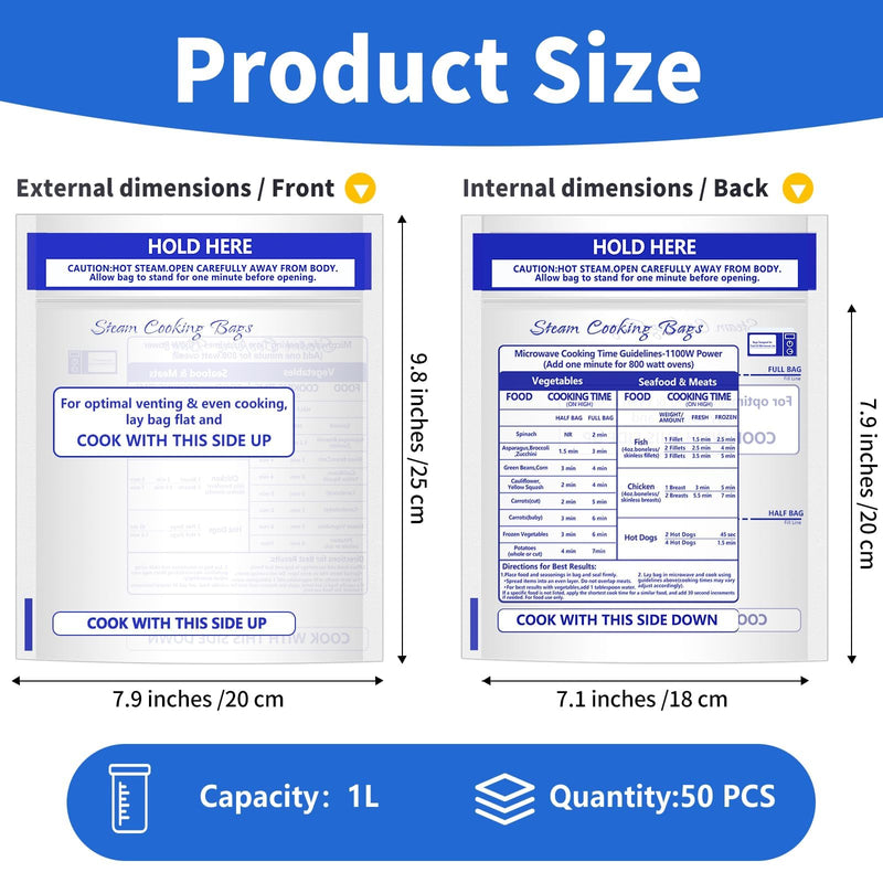 50 Pcs Zipper Steam Bags Reusable Microwave Steamer Cooking Bags Frozen Food Microwave Steam Bag for Vegetables Potatoes Meat (50) 50