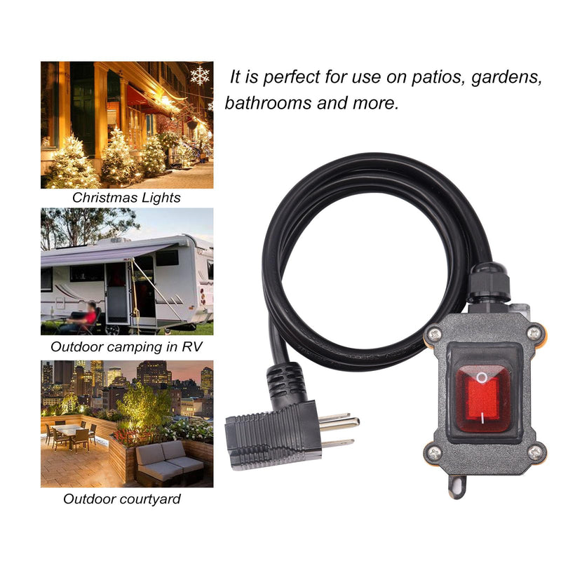 weideer Heavy Duty Extension Cord with IP67 Waterproof Switch On/Off, 10FT 18AWG Cable Piggyback 3pin Plug, Red LED 20A 250V Inline Cord Switch K-184-3M 10 ft