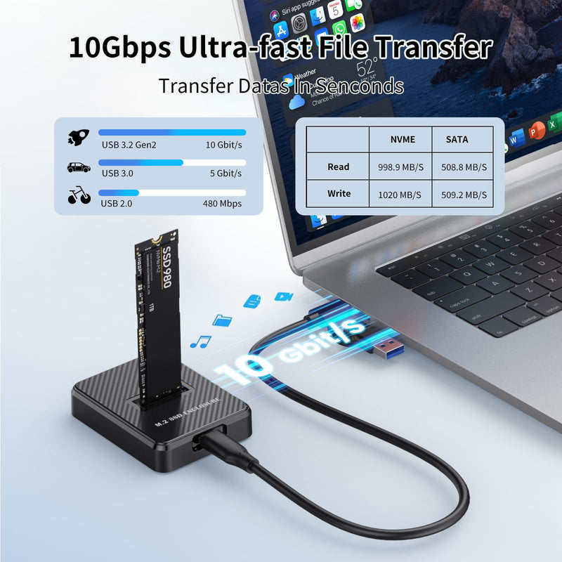 M.2 NVMe & SATA to USB Adapter - USB 3.2 Gen 2 10Gbps External SSD Enclosure, Aluminium Alloy Housing, Supports M.2 (M Key) NVMe & (B+M Key) SATA SSDs, Plug and Play External Storage Solution