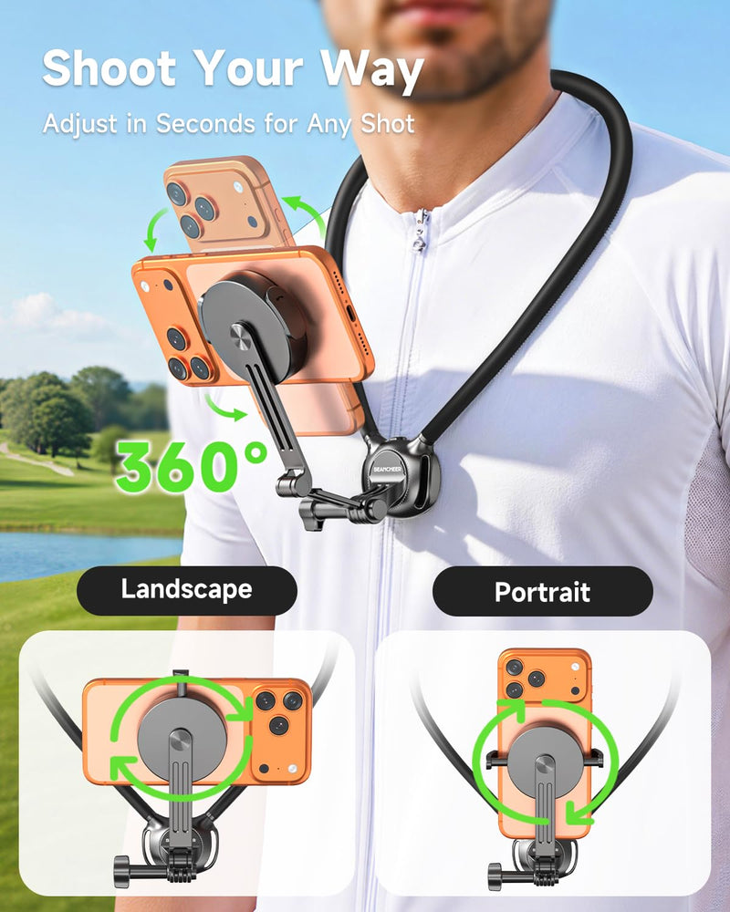 2-in-1 Magnetic&Clip-on Neck Phone Holder,59" Extended Chest Strap | Hands Free POV/Vlog Phone Neck Holder,Magnetic Neck Mount for Phones,iPhone 12-17&Android,Comfortable Recording