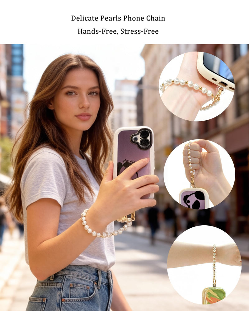 Pearl Phone Charm Wrist Strap,Beaded Phone Wrist Strap for Women Girls | Anti-drop Detachable Phone Chain Wristlet for iPhone Galaxy,Hands-Free Wristlet Bracelet Shopping Travel Walking Daily White -Gold