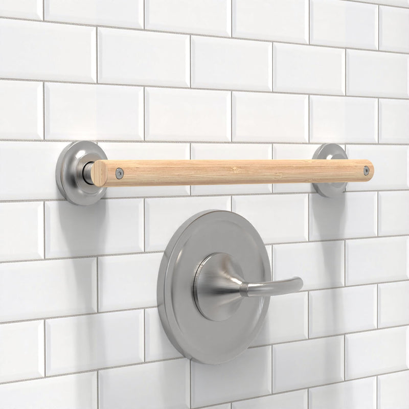 Natural Bamboo Grab Bar for Bathroom & Toilet, ADA Compliant Balance Assist Handrail for Handicap and Seniors, 18in Brushed Nickel