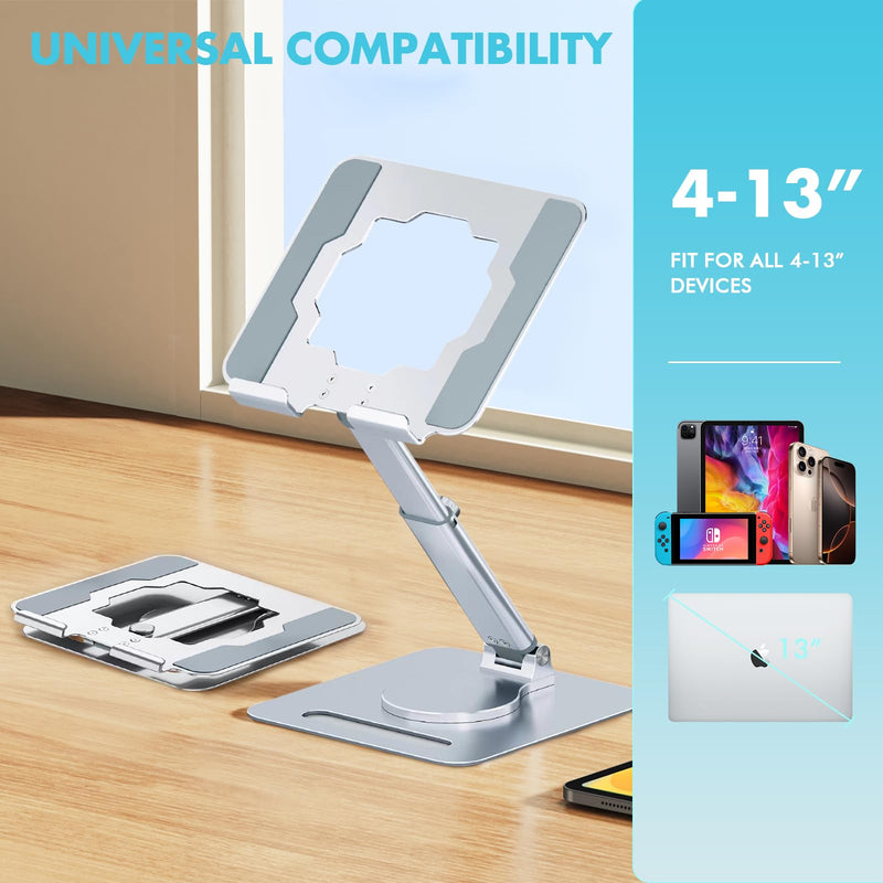 GuaziV 360° Adjustable Tablet Stand - Ergonomic Foldable Holder for iPad 10.2-12.9”, Kindle, Phones 4-13”, Anti-Slip Desktop Mount for Work, Cooking, Gaming & Reading Metallic Silver