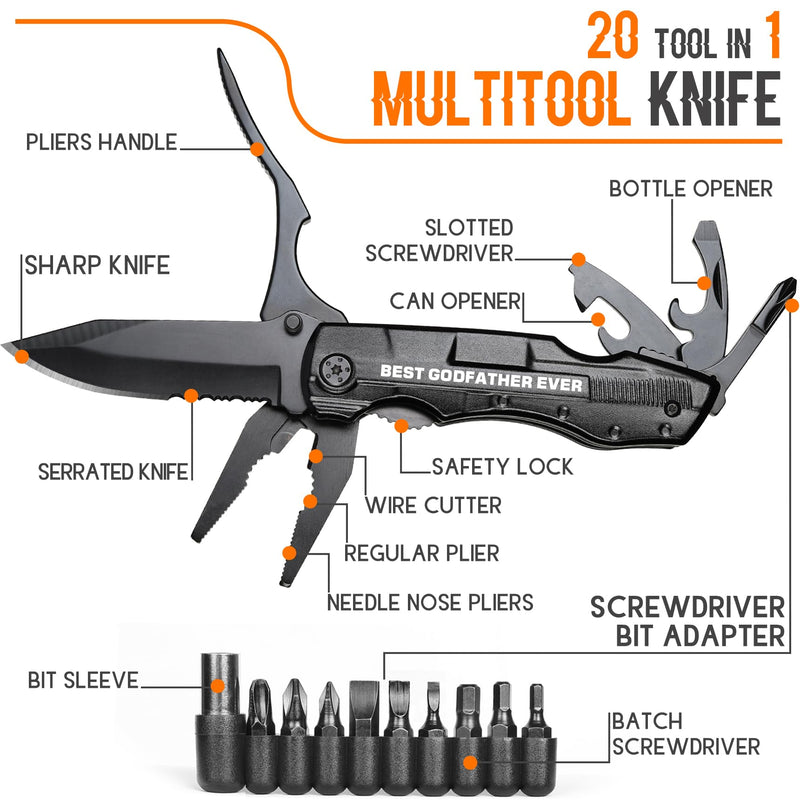 Godfather Gift, Multitool Knife, Godfather Proposal Gifts, Godfather’s Gifts from godchild, Christmas Practical Present, Gift for Camping, Hiking, Fishing, 20 in 1 Multitool GODFATHER GIFTS