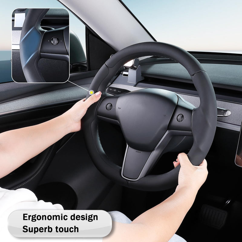  [AUSTRALIA] - Steering Wheel Cover for 2017-2023 Tesla Model 3 2020-2024 Tesla Model Y, Leather Steering Wheel Cover for Tesla Model 3/Y Accessories, Black Black L Model 3 2017-2023/ Model Y 2020-2024