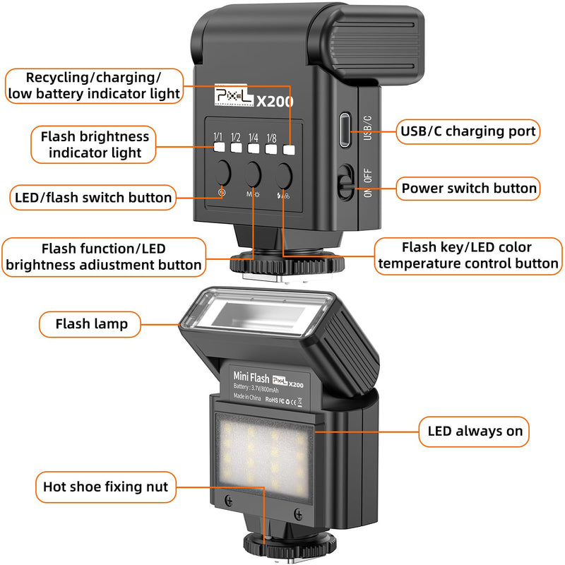 Mini Camera Flash Speedlite, GN10 6000K On-Camera Flash with Video Light, 4 Power Levels, Universal Single Contact Hot Shoe Mount, Compatible with Sony Canon Nikon Fuji Panasonic Pentax Olympus