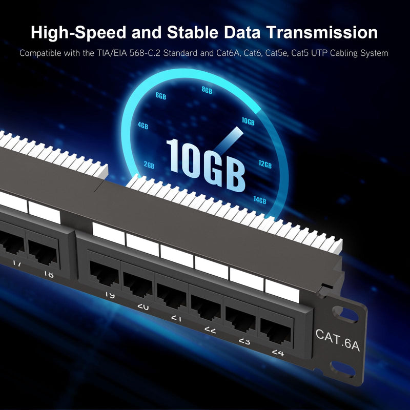 Iwillink 10Gbps Cat6A Patch Panel 24 Port, RJ45 Patch Panel UTP 19-Inch, 1U Network Patch Panel Wallmount or Rackmount Punch Down Block for Cat6A, Cat6, Cat5e, Cat5 Cabling YUNXI-PN03-C6C6A-B-FT