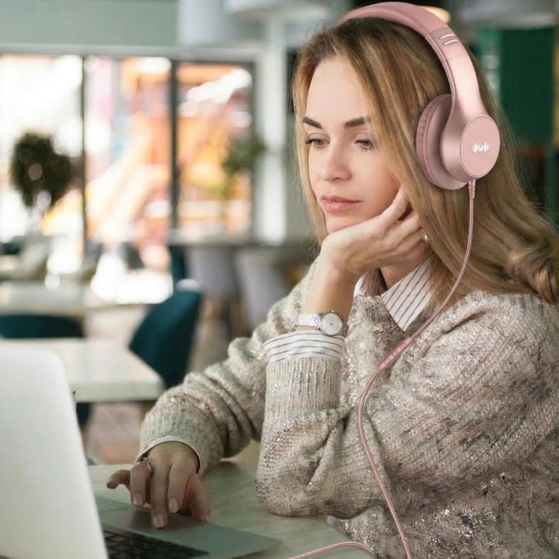 Wired Over-Ear Headphones, Mic, 3.5mm Jack, USB-C Adapter, Gold | Foldable over-ear headphones with soft cushions, inline mic, 3.5mm jack, and USB-C adapter for school, office, and travel.