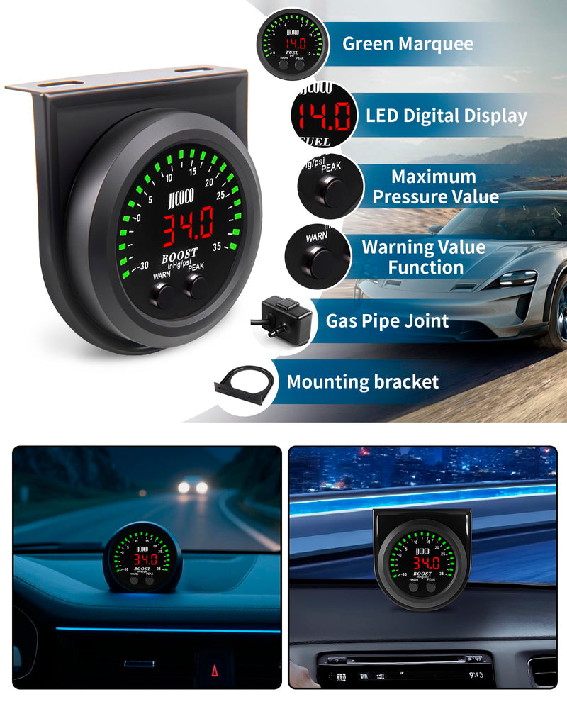 35PSI Turbo Boost/Vacuum Gauge LED Digital Display Kit with 1/8NPT Electronic Pressure Sensor & Mounting Bracket for Car&Truck ATV 2-1/16" 52mm