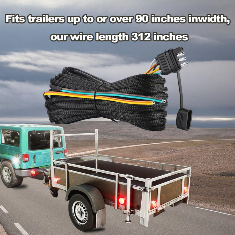 26FT Trailer Wiring Harness Kit, 4 Pin 5 Wire Trailer Wiring Harness, Boat Trailer Wiring Harness, 5 Wire 4 Pin Flat Trailer Connector, for Connection of Tail Lights, Brake Lights and Turn Signals 26FT