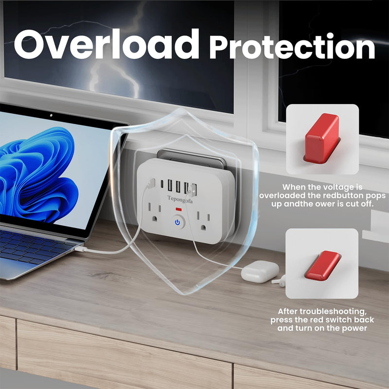Wall Charger,Surge Protector Outlet Extender, Multi Plug Splitter with 2 Electrical Outlets 4 USB Ports(2 USB C), Multiple Plug Mini Wall Expander for Home Bathroom Office Dorm Room Essentials (White) White