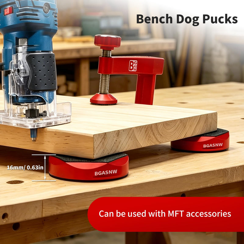 Bench Dog Pucks for MFT Table (4 Pack), Fits 3/4" Dog Hole for Woodworking, Heavy Duty Aluminium with Double Sided Anti Slip Pads, Woodworking Kit for Most Medium Sized Panels Bench Dog Pucks