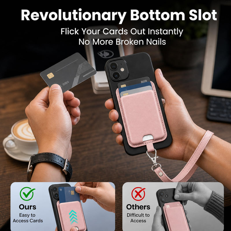 MagSafe Wallet with Wrist Strap, 3 Card Holder with RFID Blocking, MagSafe Sticker Included, Slim Magnetic Phone Wallet for iPhone 17e/17/16/15/14/13/12 Series and Selected Samsung Devices Pink
