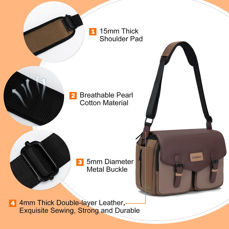 Cwatcun Large Camera Messenger Bag, Waterproof Crossbody Case with Tripod Holder Brown L