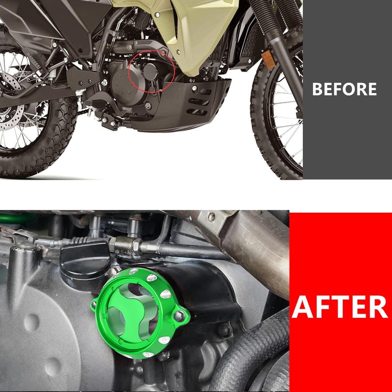 KLR 650 Motorcycle Perspective Oil Filter Cover Cap CNC Aluminum Compatible With KLR650 1987-2025 Green 3D Carving 131 green