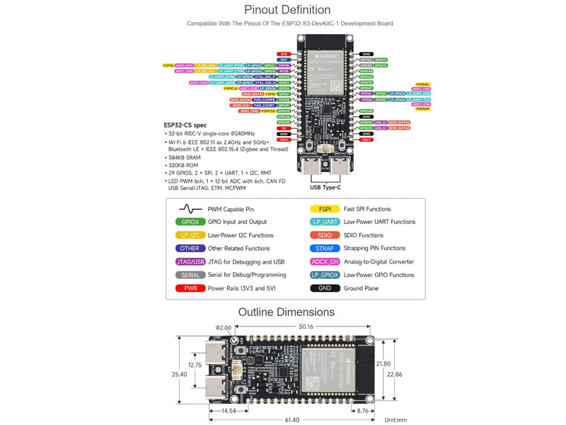 waveshare ESP32-C5 Development Board Wi-Fi 6 Devkit with pre-soldered Header Based on ESP32-C5-WROOM-1 Series Module,240MHz and 5GHz Dual-Band,32MB Flash and 8MB PSRAM,with Built-in Antenna